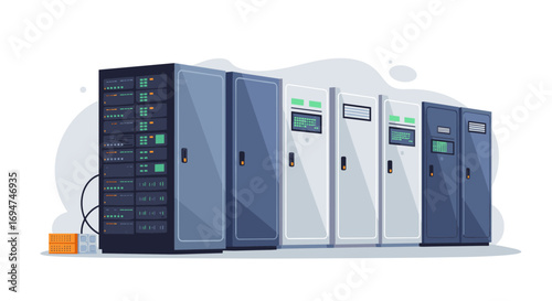 Modern data center server rack with cloud integration and high tech equipment