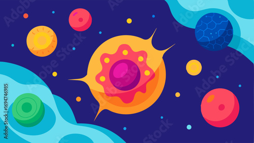 Cell Regeneration An abstract depiction of skin cells regenerating with the help of exosomes with cellular structures in vibrant colors to signify rejuvenation.