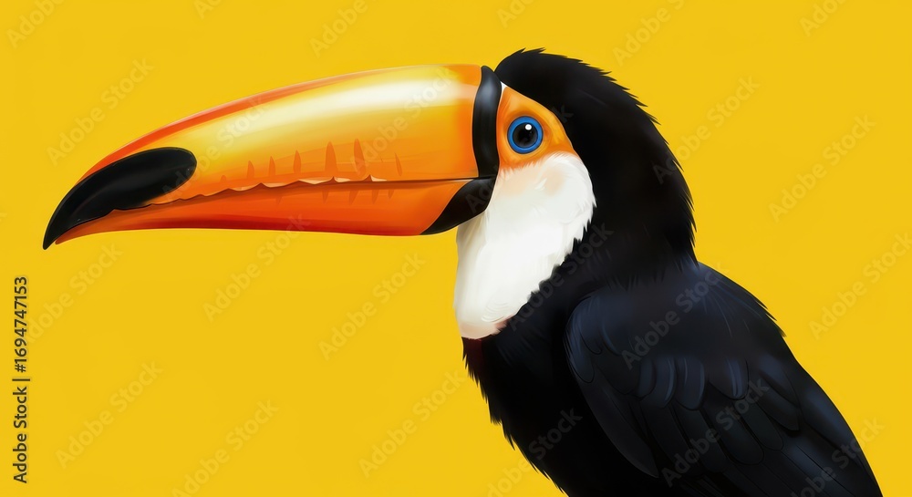 Obraz premium Vivid toucan portrait against a bold yellow background, showcasing vibrant orange beak and rich black plumage.
