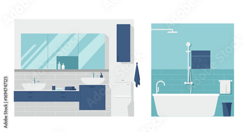Modern bathroom interior with blue cabinets and wall tiles