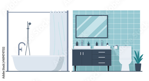 Modern bathroom interior with minimalist design featuring bathtub and vanity