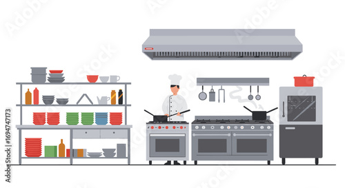 Modern commercial kitchen setup with chef cooking on industrial stoves