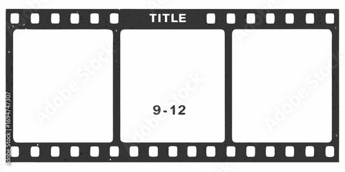 Vintage film strip with three blank frames and the word title and numbers nine to twelve