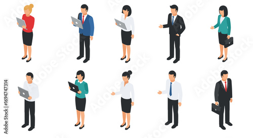 Isometric business people: office team with devices and formal attire