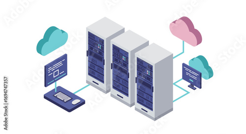 Isometric cloud computing network with server racks and connected devices