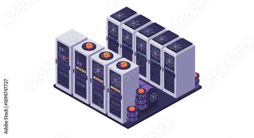 Isometric data servers with bitcoin mining blades and cryptocurrency icons