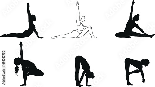 Yoga Silhouettes in Varied Poses for Flexibility, Strength, and Balance on White Background for Wellness, Education, and Design Content