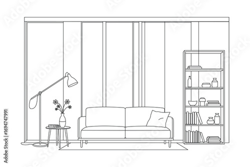Cozy living room interior sketch hand drawn with sofa bookshelf, floor lamp