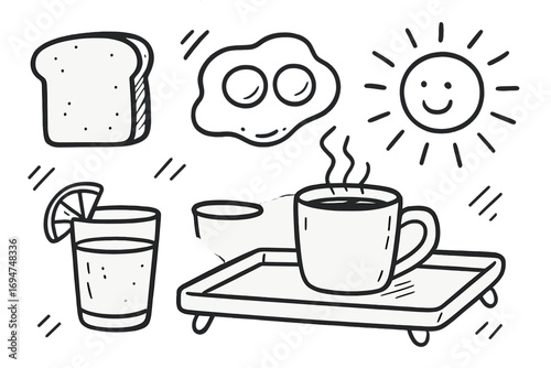 Breakfast Doodles Art. Breakfast with coffee: hand drawn doodles of toast, eggs, orange juice, steaming mug, tray, and morning