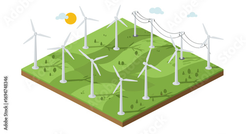 Renewable energy isometric wind farm with turbines and power lines