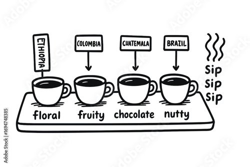 Coffee Tasting Doodles. Coffee flight: hand drawn doodles of tray with small cups, bean origin tags, taste notes, compare arrows,