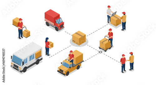 Isometric delivery network with warehouse logistics and transportation team