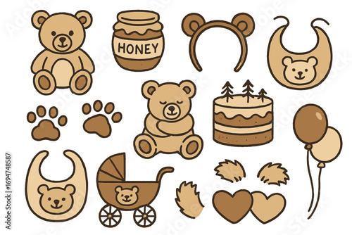 Teddy Bear Doodle Icons. Teddy bear theme doodle icon set: hand drawn icons of plush bears, honey jar, bear ears headband, forest