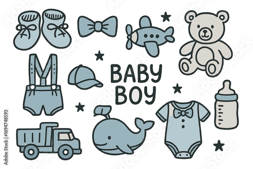 Baby Boy Shower Icons. Boy baby shower doodle icon set: hand drawn icons of blue booties, bow tie, airplane toy, teddy bear, cap,