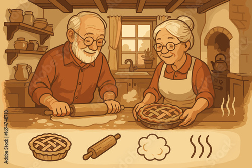 Grandparents' Baking Tradition. Scene illustration showing grandparents baking in country kitchen and tradition icon set for pie,