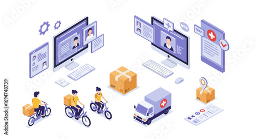 Isometric online delivery and healthcare concept with computers and couriers
