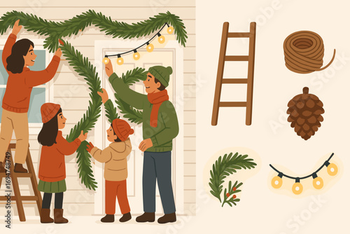 Family Holiday Decorating. Scene banner with family hanging pine garlands and winter decor icon set for ladder, twine, pinecone,