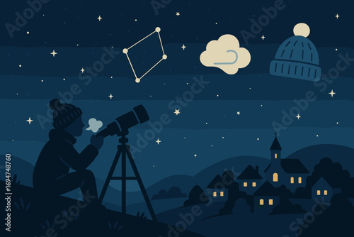 Stargazing Magic Icons. Flat scene showing stargazing from hill near village and night magic icon set for telescope, constellation
