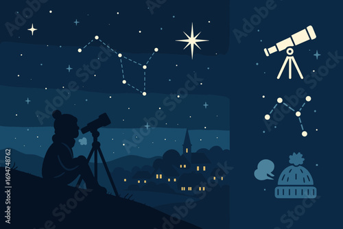 Stargazing Magic Icons. Flat scene showing stargazing from hill near village and night magic icon set for telescope, constellation