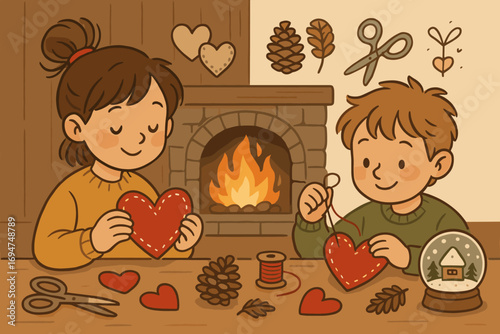 Children Crafting by Fire. Horizontal composition showing children making crafts by fire and slow living icon set for felt hearts,