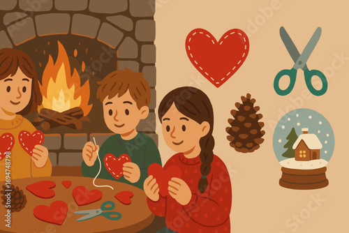 Children Crafting by Fire. Horizontal composition showing children making crafts by fire and slow living icon set for felt hearts,