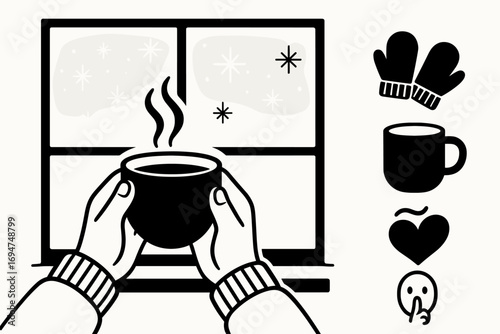 Cozy Winter Morning. Vector layout showing hands holding tea cup by frosted window and comfort icon set for wool mittens, ceramic