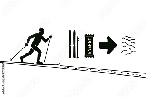 Cross-Country Skiing Icons. Minimalist vector strip with cross-country skier on track and endurance icon set for narrow skis,