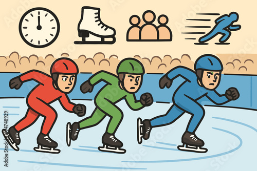 Skaters Racing Competition. Cartoon-style horizontal panel showing skaters racing on ice rink and competition icon set for time