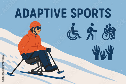 Adaptive Sports Inclusion. Creative banner featuring adaptive sports athlete on snow and inclusion icon set for sit-ski, ramp,