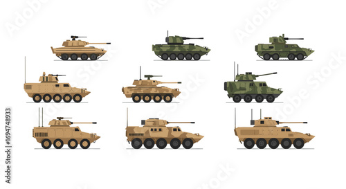 Set of detailed military armored vehicles in flat design