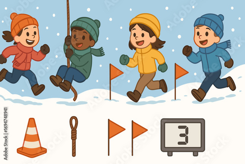 Winter Obstacle Adventure. Vector strip showing friends making snow obstacle run and creative play icon set for cones, climb rope,