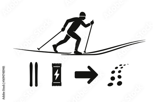 Cross-Country Skiing Icons. Minimalist vector strip with cross-country skier on track and endurance icon set for narrow skis,