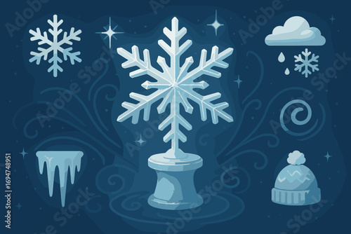 Snowflake Sculpture Art. Horizontal artwork with snowflake-inspired sculpture center and themed art icon set for radial design,