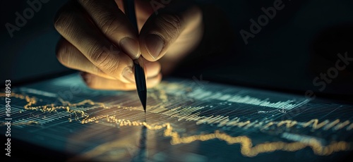Close-up of a hand drawing on a digital tablet with financial charts