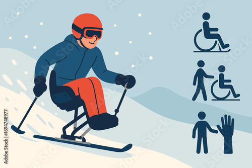 Adaptive Sports Inclusion. Creative banner featuring adaptive sports athlete on snow and inclusion icon set for sit-ski, ramp,