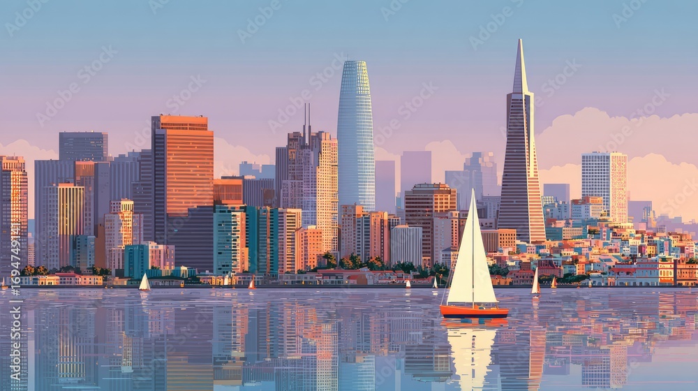 Fototapeta premium Digital cityscape panorama of a waterfront city