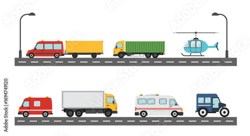 Colorful urban vehicles on modern roadway with helicopter and streetlights