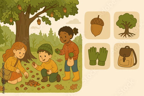 Kids Discovering Acorns. Scene illustration showing kids picking acorns under oak tree and discovery icon set for acorns, tree