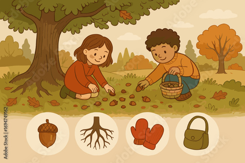 Kids Discovering Acorns. Scene illustration showing kids picking acorns under oak tree and discovery icon set for acorns, tree
