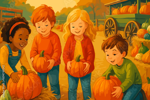 Pumpkin Patch Adventure. Colorful horizontal banner featuring kids selecting pumpkins at a local farm, surrounded by straw paths,