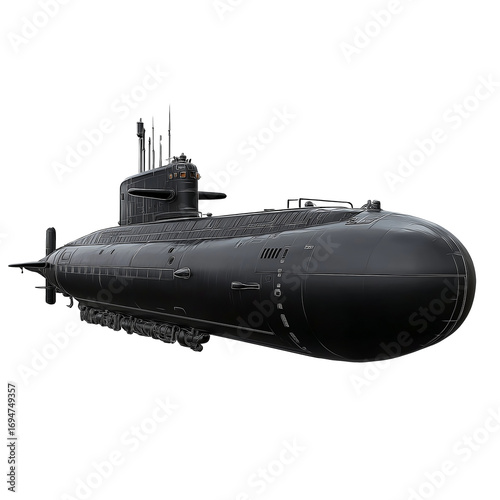 Black military submarine on transparent background
