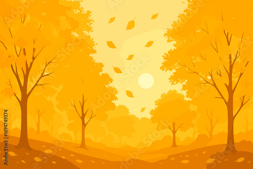 Golden Autumn Landscape. Horizontal vector banner with golden forest landscape and falling leaves, peaceful autumn scene with