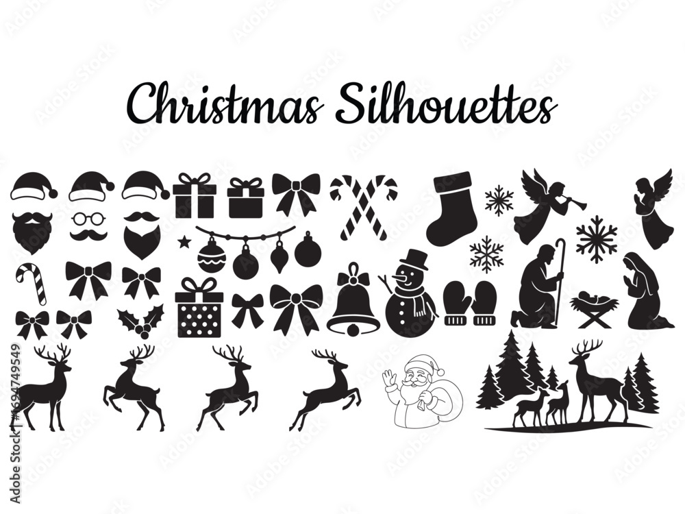 Fototapeta premium Christmas Silhouette Vector Set – Santa, Reindeer, Gifts, Snowflakes, Angels, Ornaments, and Holiday Icons