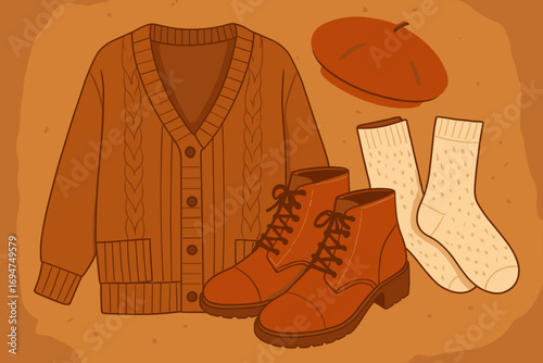 Autumn Fashion Essentials. Vector illustration of autumn fashion flat lay featuring woolen cardigan, leather boots, beret, and