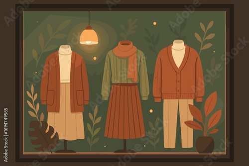 Boutique Knits Display. Vector scene of boutique window display showcasing layered knit outfits, foliage decor and glowing light.