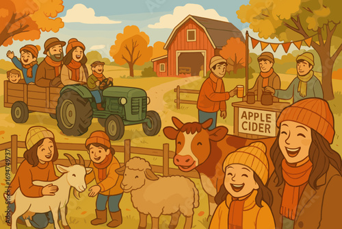 Farm Festival Fun. Illustrated farm festival with tractor rides, petting zoo, apple cider station and laughing families in cozy