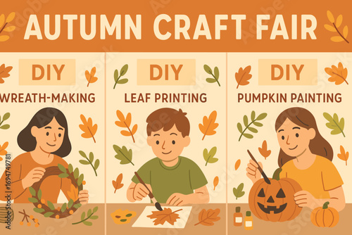Autumn Craft Fair. Vector banner of autumn craft fair with DIY stations — wreath-making, leaf printing, and pumpkin painting.