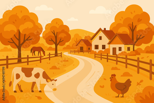 Autumn Countryside Road. Flat design banner of countryside road lined with orange trees, wooden fences, farmhouses and animals in