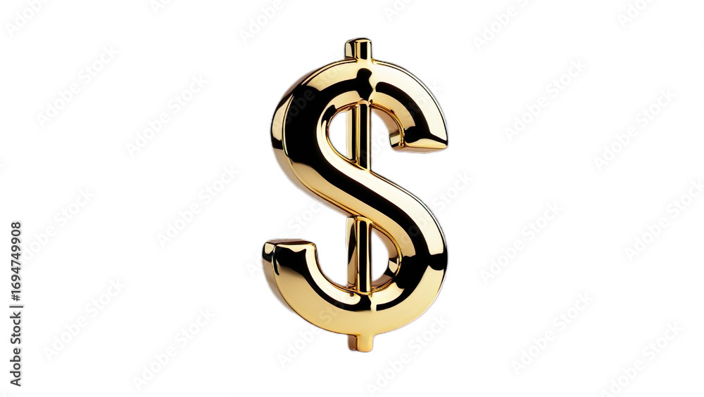 Fototapeta premium This AI-generated 3D gold dollar sign stands out with a luxurious finish, perfect for premium finance, wealth, or luxury branding themes. Rendered in high-resolution PNG with a transparent background.