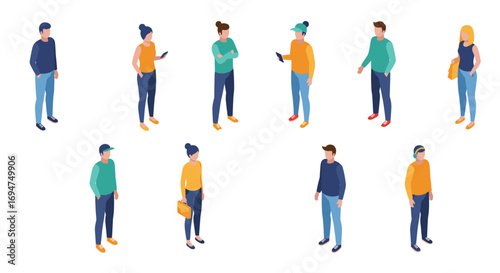 Isometric casual people: diverse group standing and interacting with technology